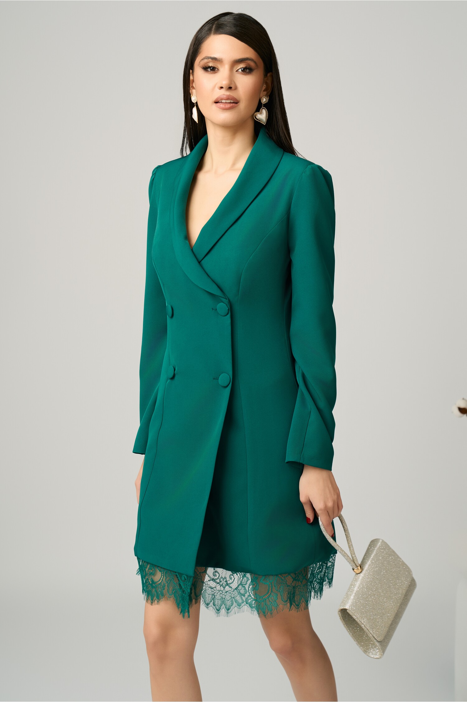 Rochie eleganta din stofa verde tip sacou cu dantela la baza