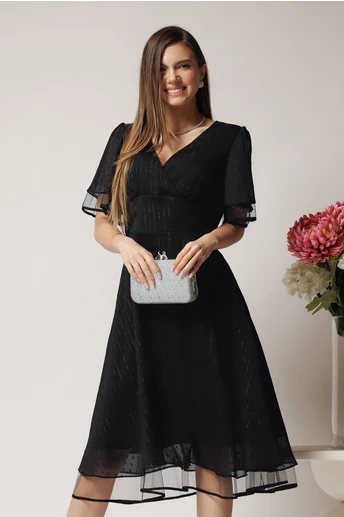 Rochie eleganta din voal neagra cu buline si fir lurex