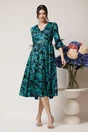 Rochie DY Fashion eleganta din voal neagra cu imprimeuri florale turcoaz si pene la maneci