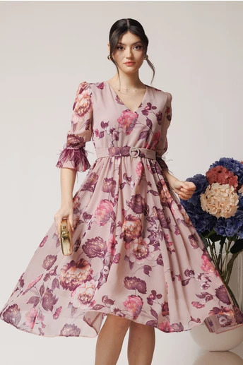 Rochie DY Fashion eleganta din voal roz cu imprimeuri florale si pene la maneci