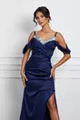 Rochie eleganta lunga bleumarin cu paiete la decolteu