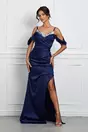 Rochie eleganta lunga bleumarin cu paiete la decolteu