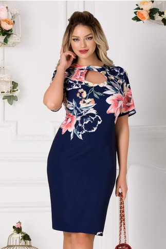 Rochie Bleumarin Eleganta Din Vascoza Cu Broderie Aplicata Si Paiete