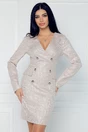 Rochie elganta tip sacou din stofa bej cu imprimeu pepit