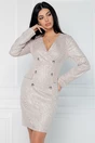 Rochie elganta tip sacou din stofa bej cu imprimeu pepit