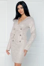 Rochie elganta tip sacou din stofa bej cu imprimeu pepit