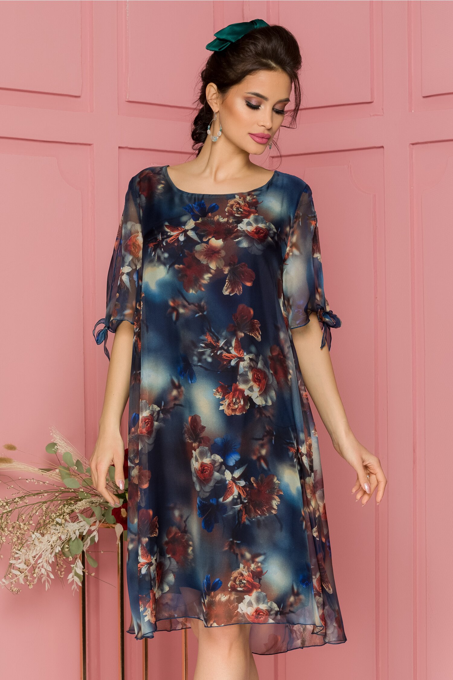 Rochie Eliana bleumarin cu imprimeu floral maro