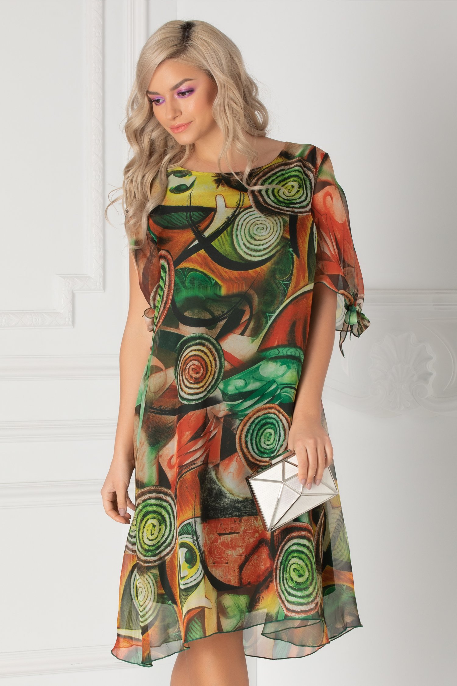 Rochie Eliana verde cu imprimeu abstract