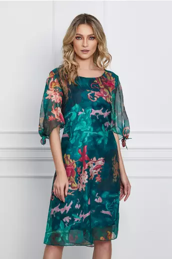 Rochie Eliana verde din voal cu imprimeu rosu