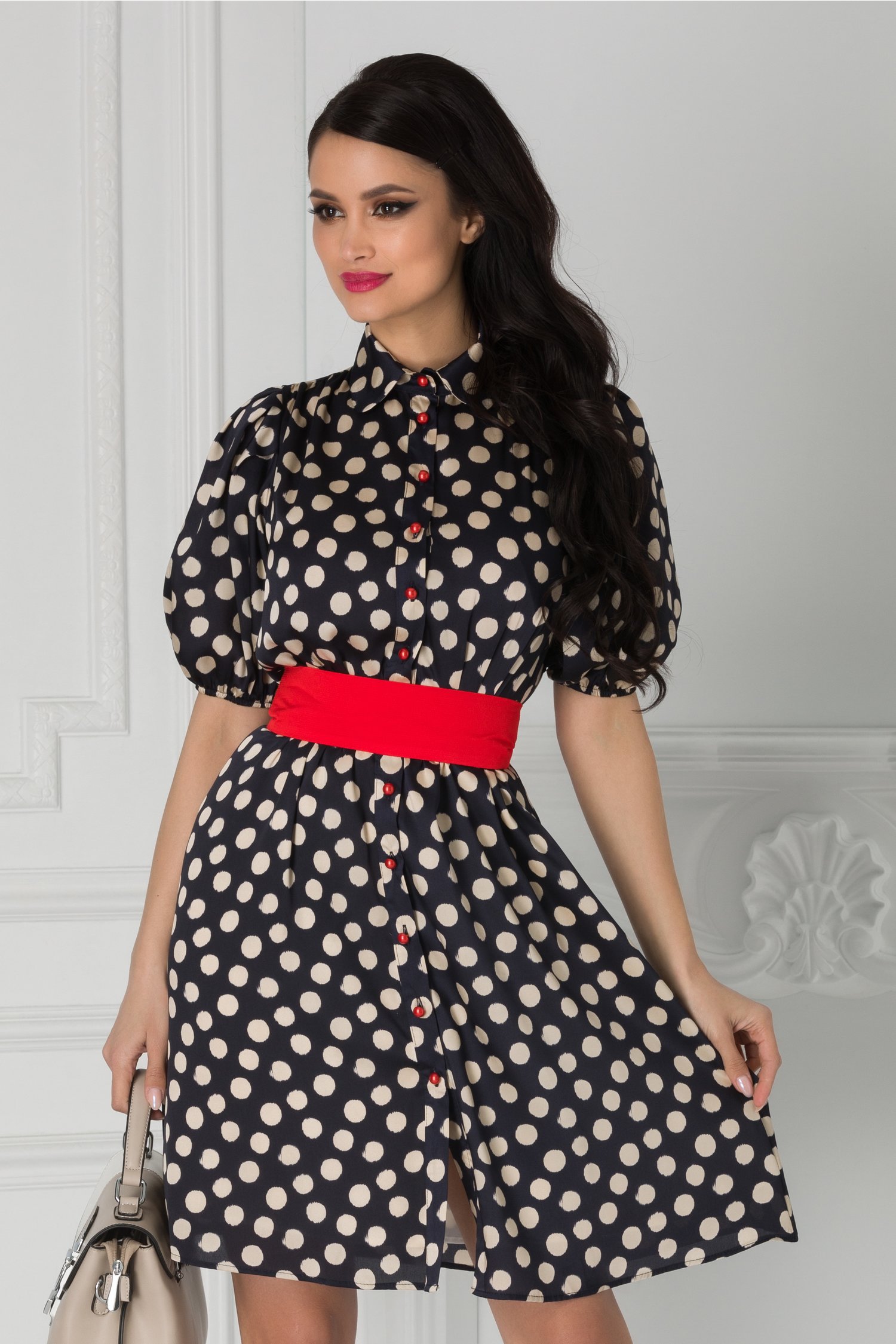 Rochie Ella bleumarin cu buline bej si cordon in talie