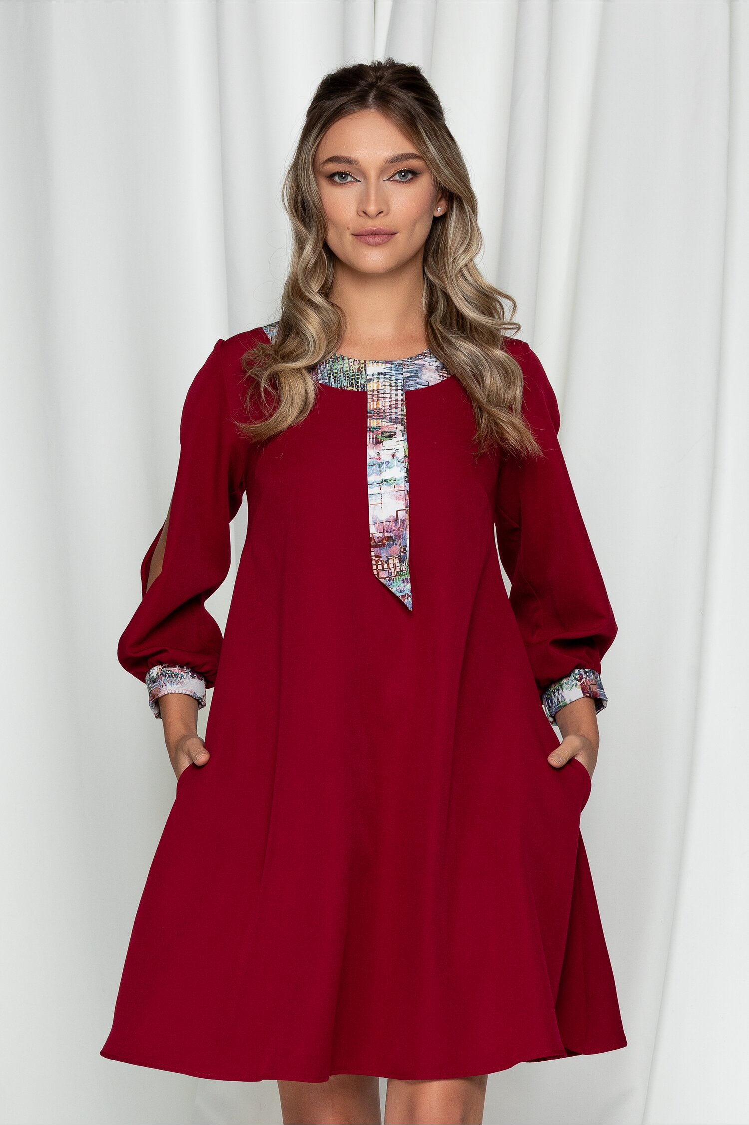 Rochie Ella Collection Adela bordo cu maneci decupate