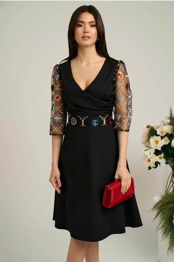 Rochie Ella Collection Adria eleganta din stofa neagra cu dantela florala colorata