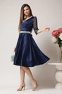 Rochie Ella Collection Adria eleganta din tafta bleumarin cu cordon in talie