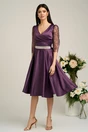 Rochie Ella Collection Adria eleganta din tafta mov cu cordon in talie