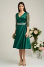 Rochie Ella Collection Adria eleganta din tafta verde cu cordon in talie