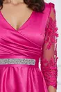 Rochie Ella Collection Adria fucsia cu maneci din dantela si cordon in talie