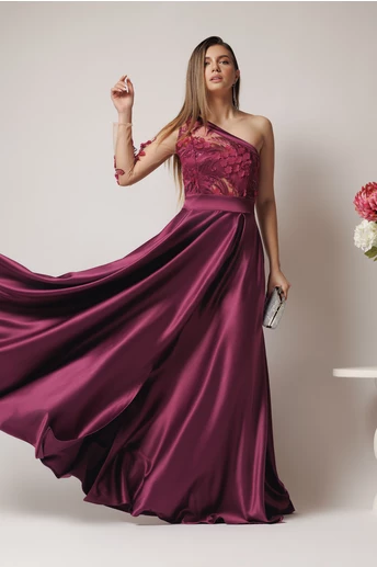 Rochie Ella Collection Alesia lunga eleganta din tafta mov cu broderie la bust