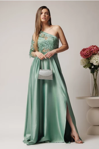 Rochie Ella Collection Alesia lunga eleganta din tafta verde mint cu broderie la bust