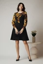 Rochie Ella Collection Andrada office din stofa neagra cu funda si imprimeu galben