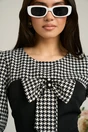 Rochie Ella Collection Andrada office din stofa neagra cu funda si imprimeu pepit