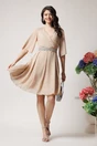 Rochie Ella Collection Ania eleganta din voal bej cu fir lurex si cordon in talie