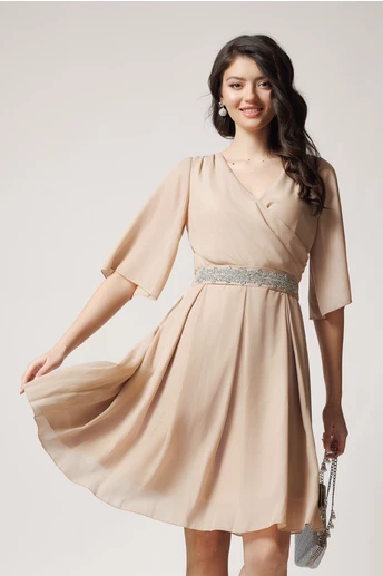 Rochie Ella Collection Ania eleganta din voal bej cu fir lurex si cordon in talie