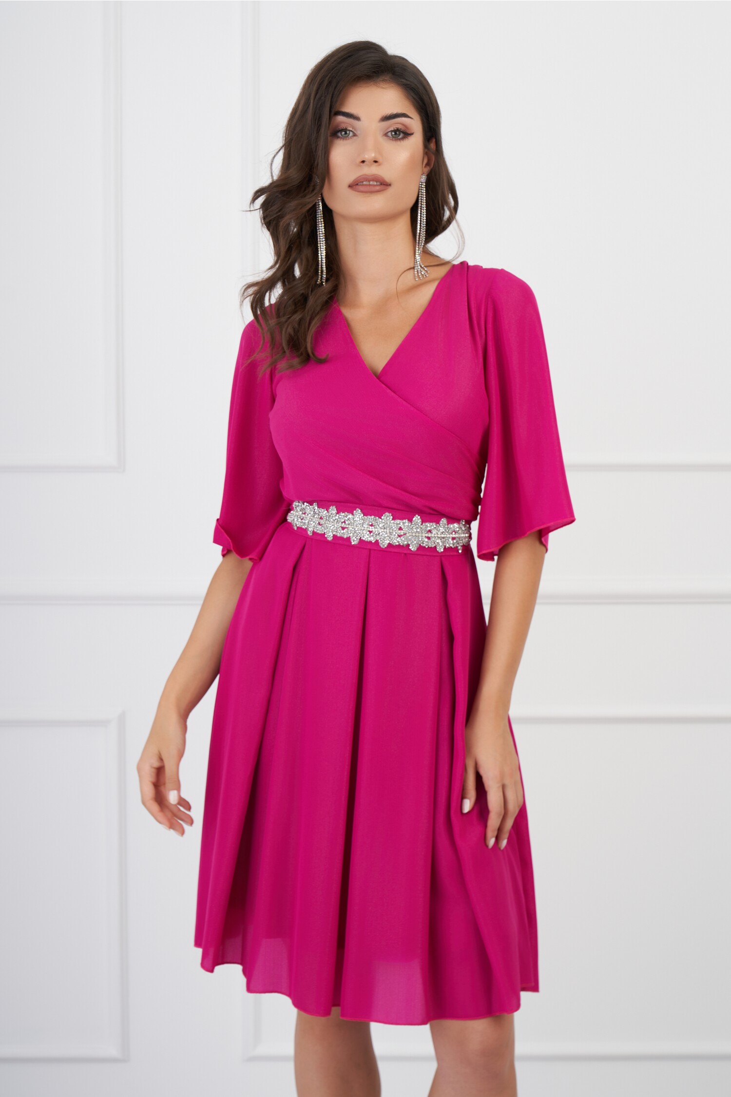 Rochie Ella Collection Ania fucsia cu fir lurex si cordon in talie