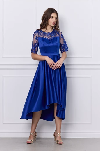Rochie Ella Collection Brinda albastra din tafta cu lungime asimetrica