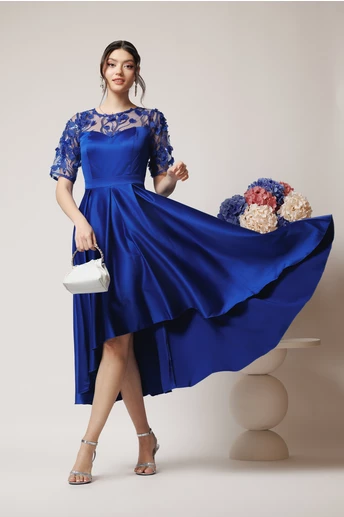 Rochie Ella Collection Brinda eleganta din tafta albastra cu lungime asimetrica