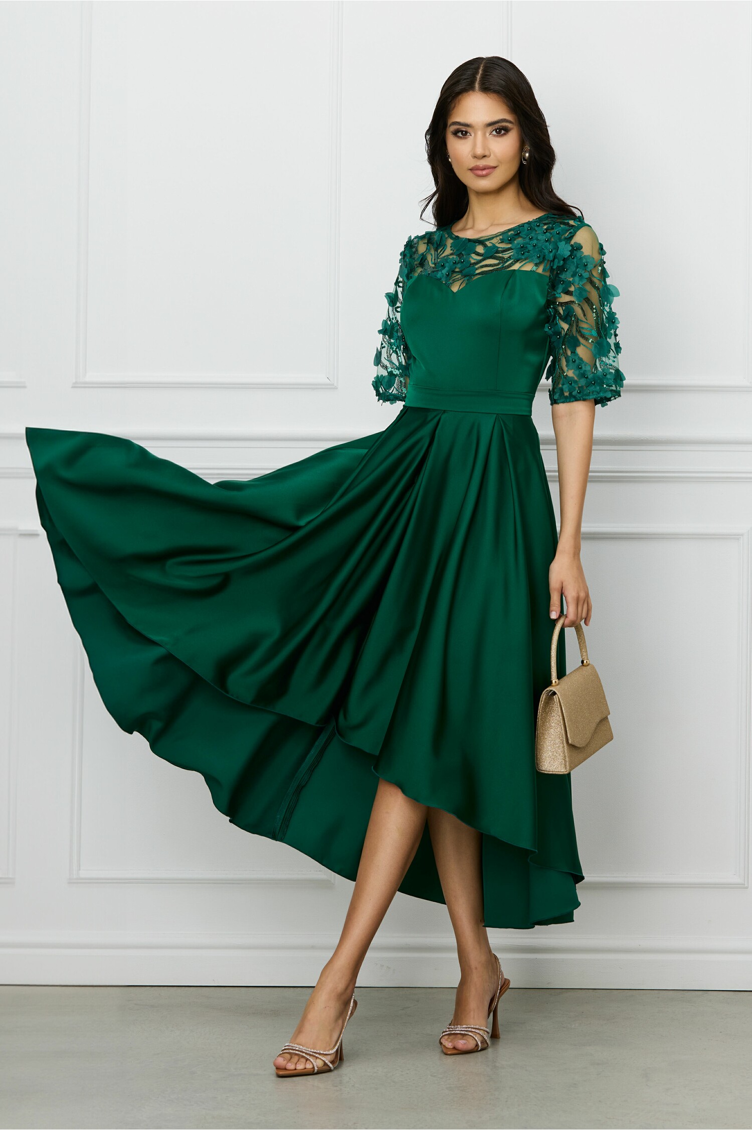 Rochie Ella Collection Brinda verde pin din tafta cu lungime asimetrica