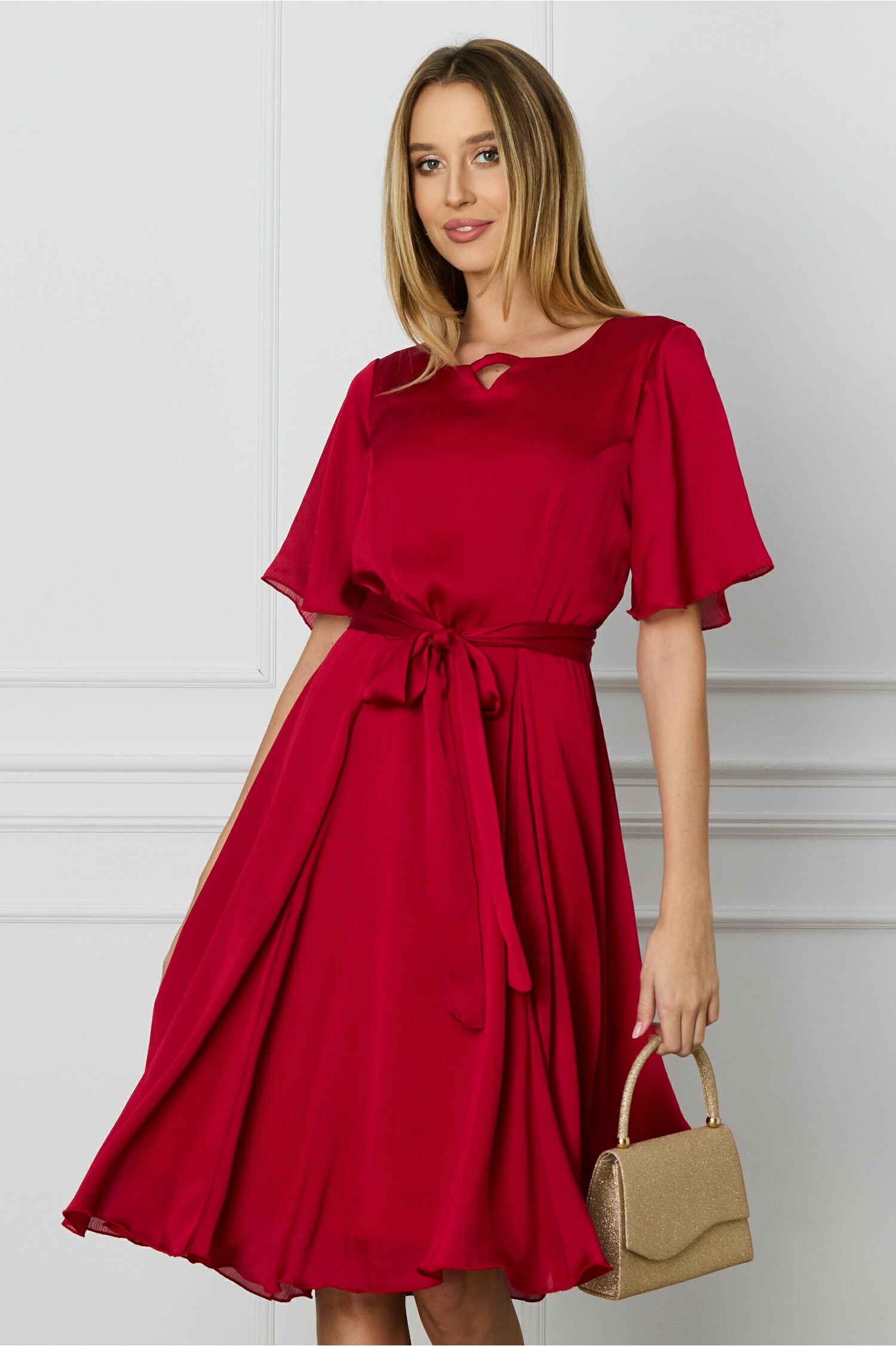 Rochie Celine bordo din voal cu cordon in talie