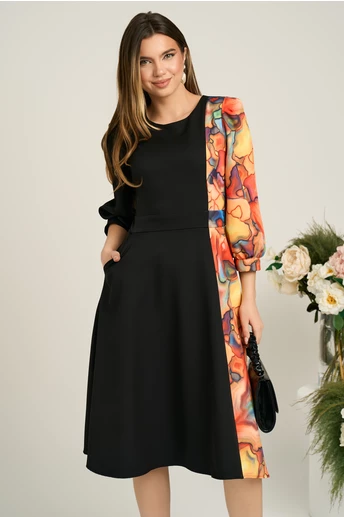 Rochie Ella Collection Dasha de zi din stofa neagra cu imprimeu multicolor