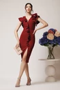 Rochie Ella Collection Helen eleganta din stofa bordo cu volan si brosa