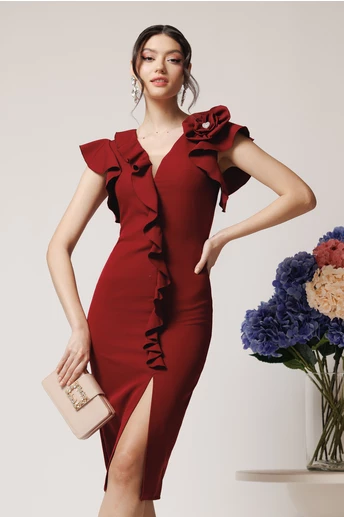 Rochie Ella Collection Helen eleganta din stofa bordo cu volan si brosa