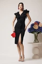 Rochie Ella Collection Helen eleganta din stofa neagra cu volan si brosa
