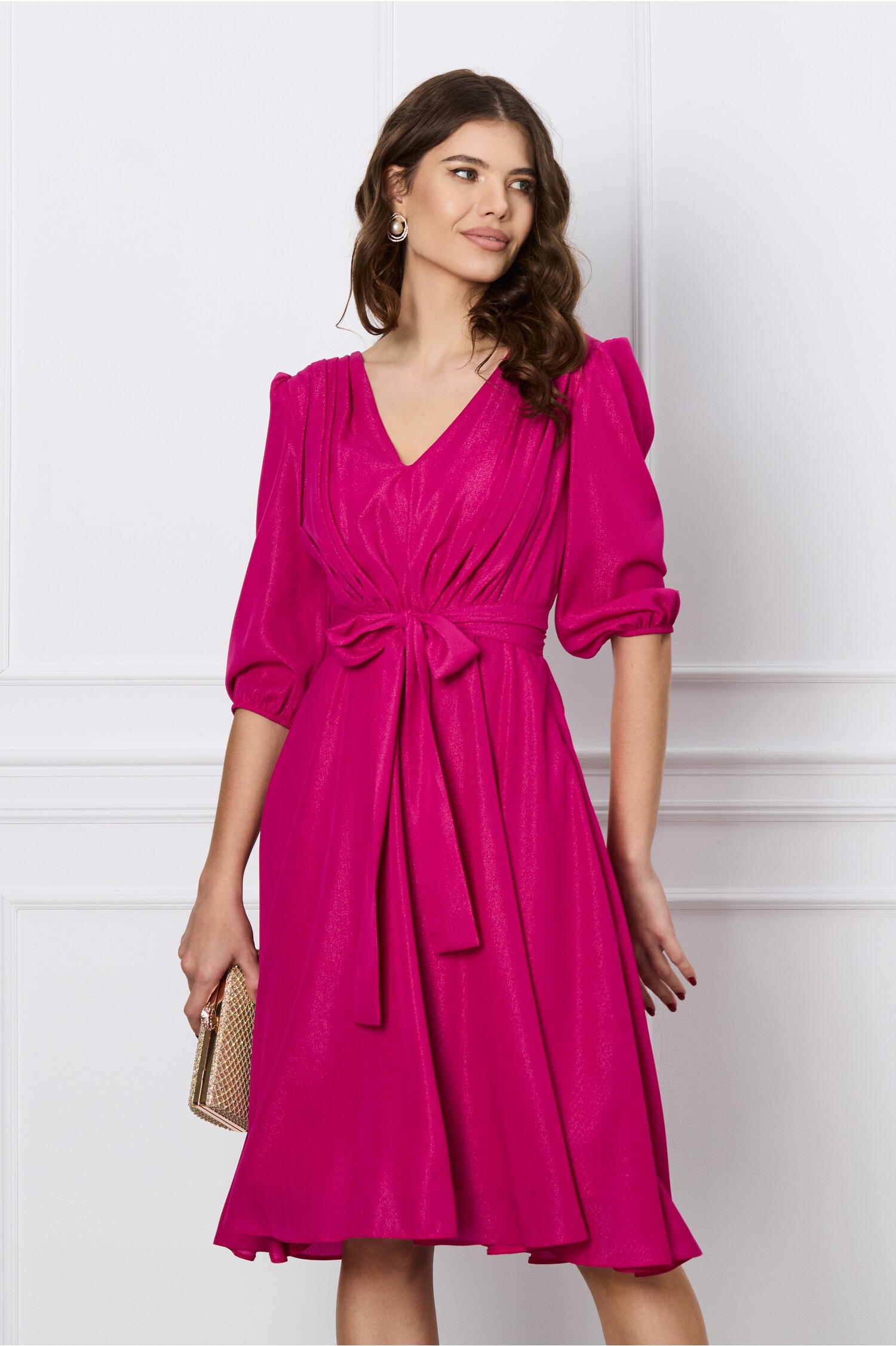 Rochie Ella Collection Inna fucsia cu fir lurex si cordon in talie