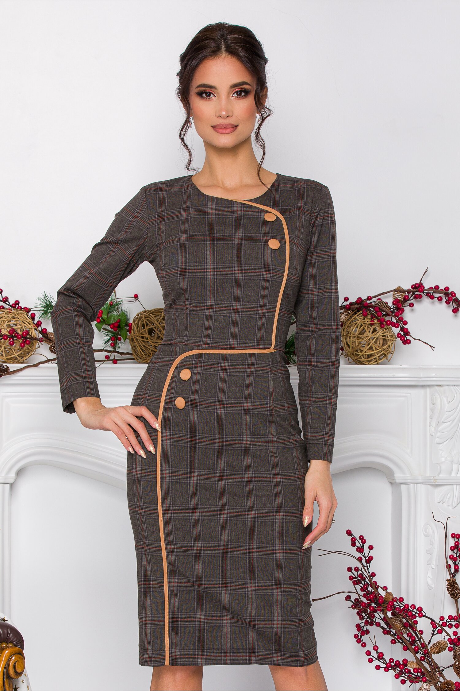 Rochie Ella Collection Lorena gri antracit cu carouri maro
