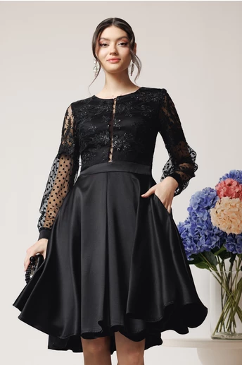 Rochie Ella Collection Maribel eleganta din tafta neagra cu paiete la bust