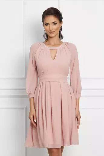 Rochie Ella Collection Olivia roz cu pliuri pe fusta si cordon in talie