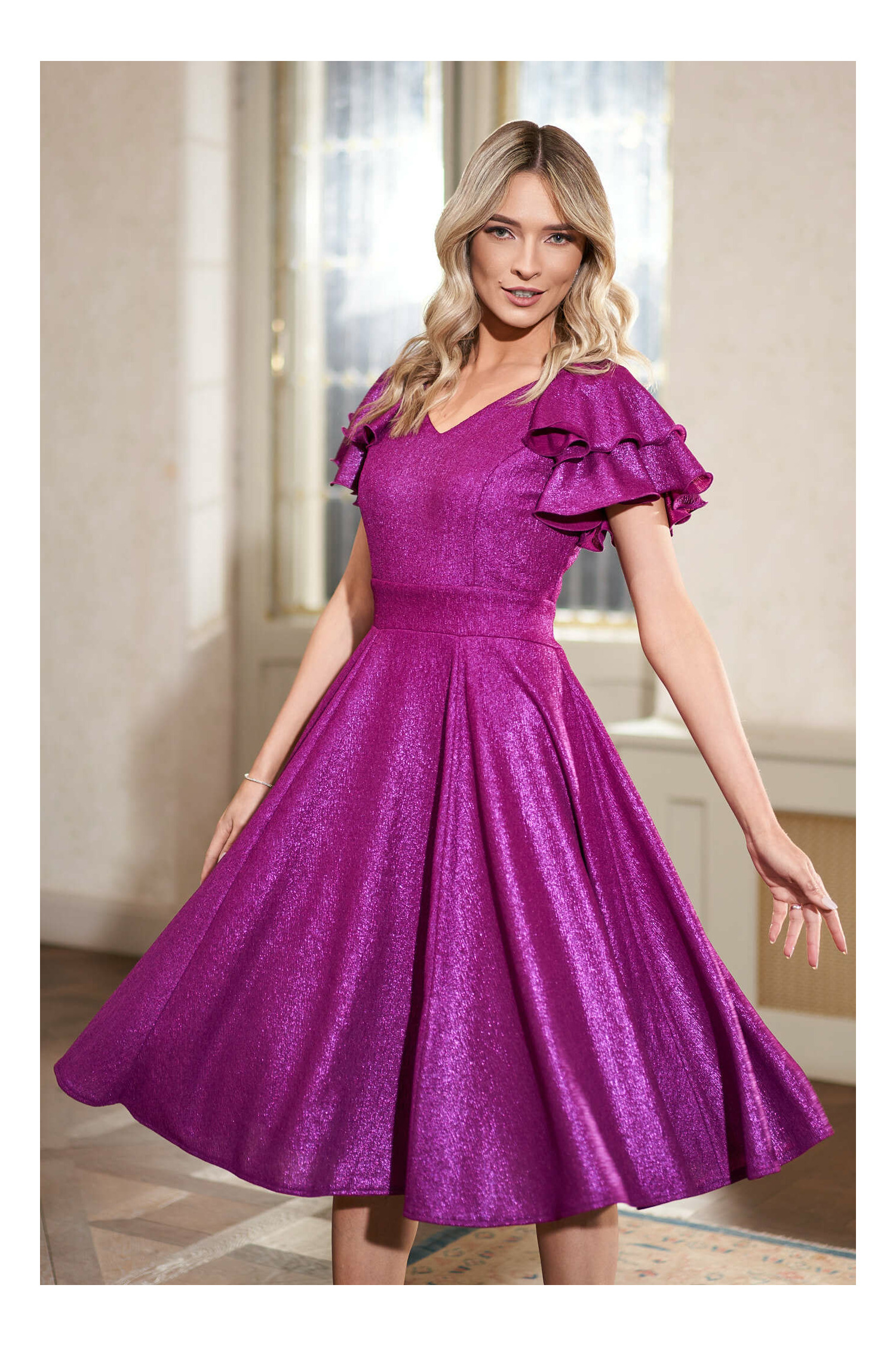 Rochie de ocazie Renata magenta din lurex