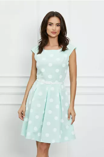 Rochie Ella verde mint cu buline albe si curea in talie
