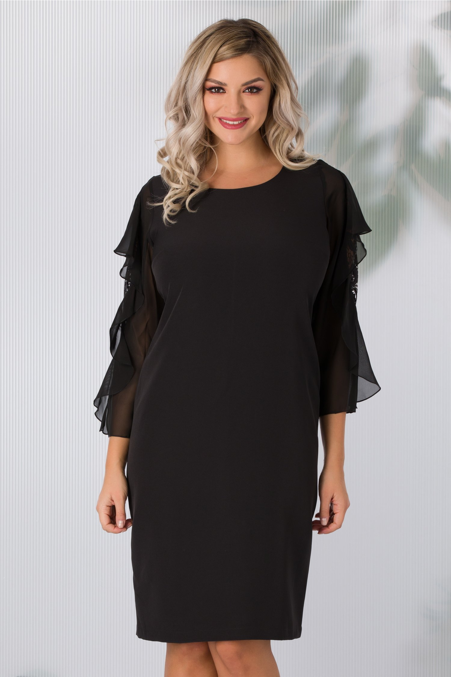 Rochie Engrail neagra de ocazie cu broderie la maneci