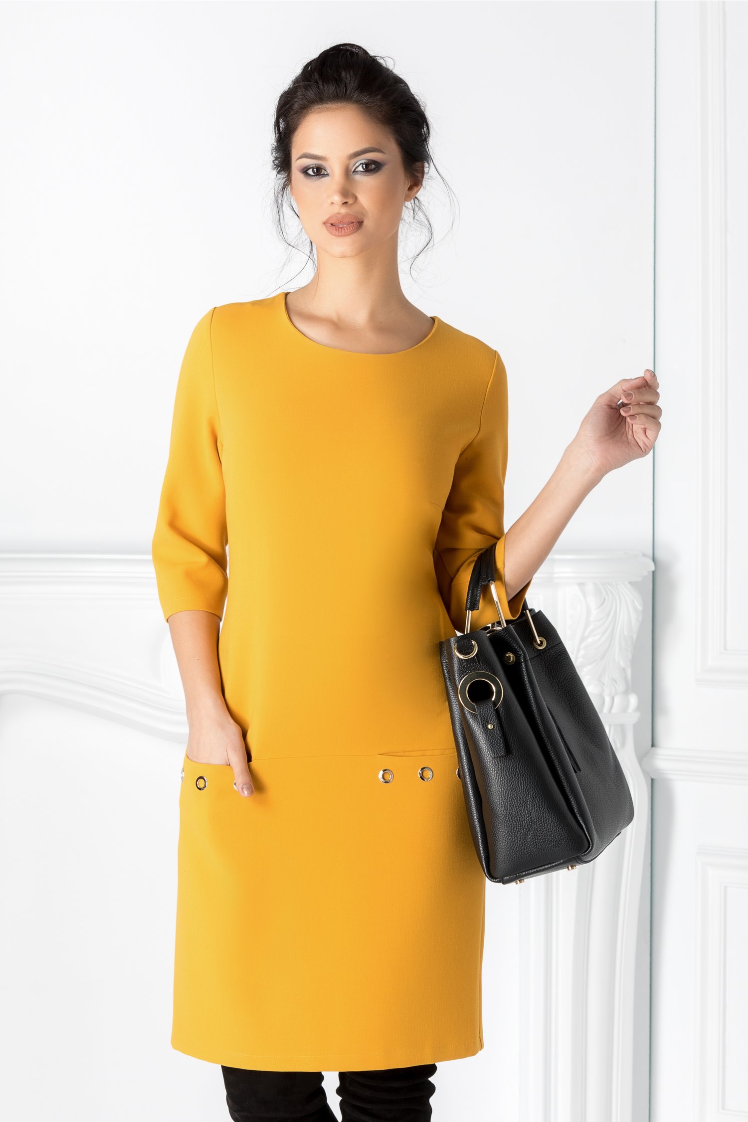 Rochie Fancy galben mustar cu buzunare
