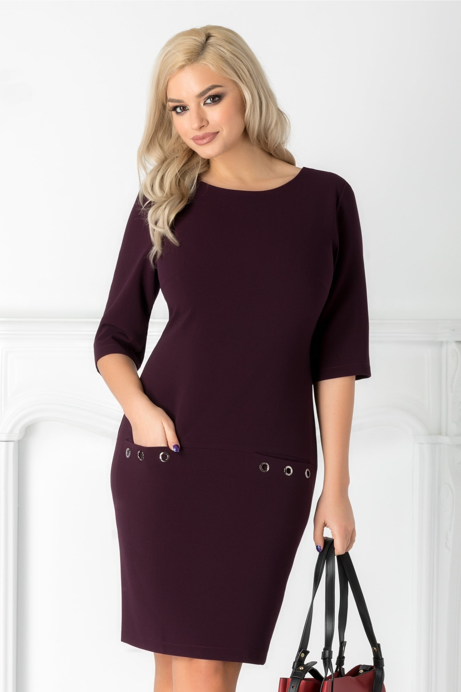 Rochie fancy mov pruna cu buzunare