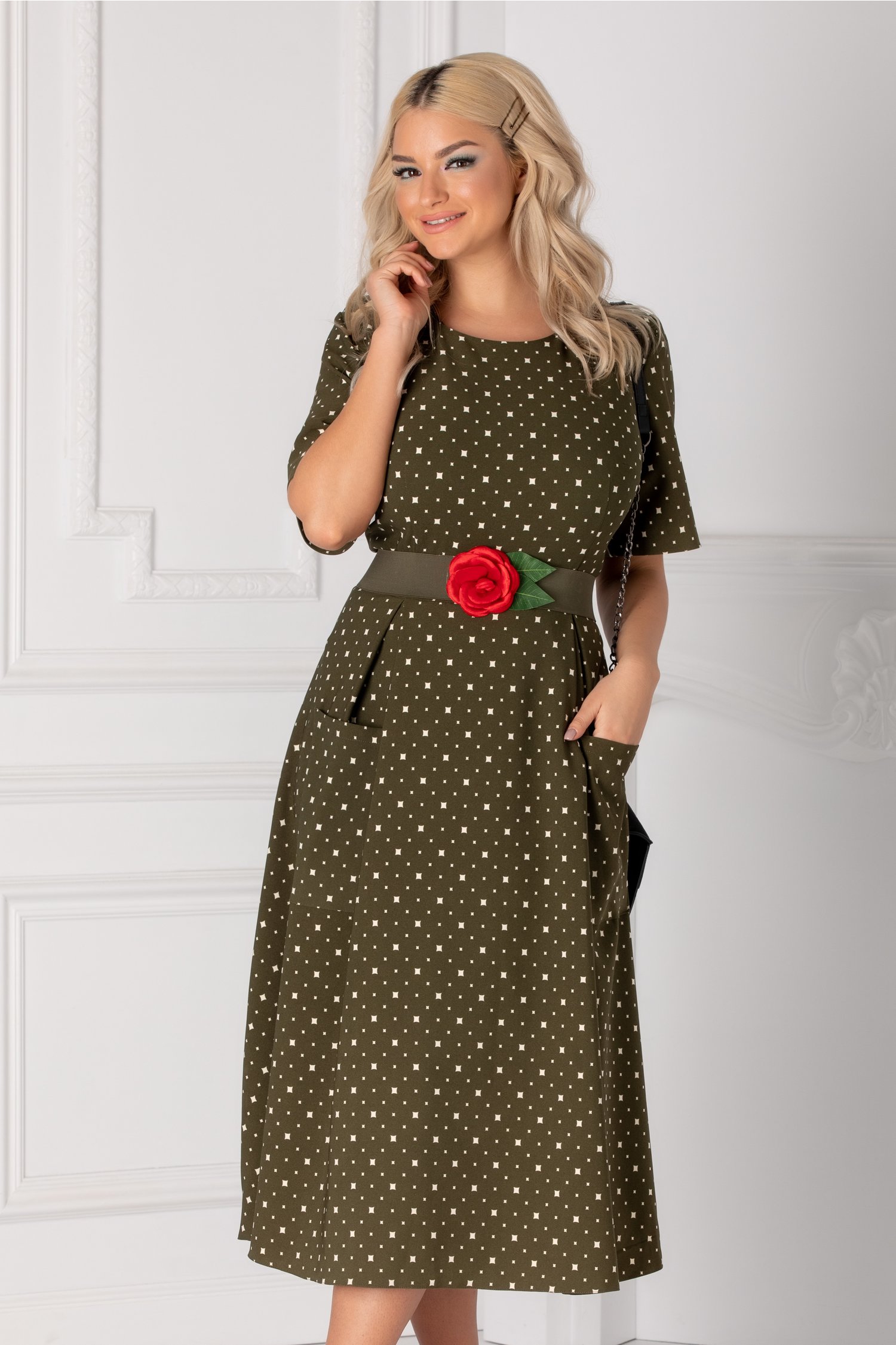 Rochie Fanny kaki cu imprimeuri albe