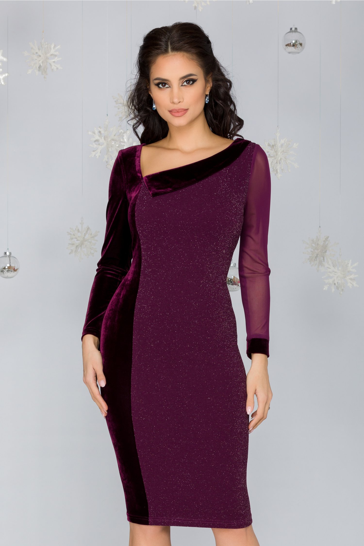 Rochie fanylux mov din catifea cu lurex argintiu