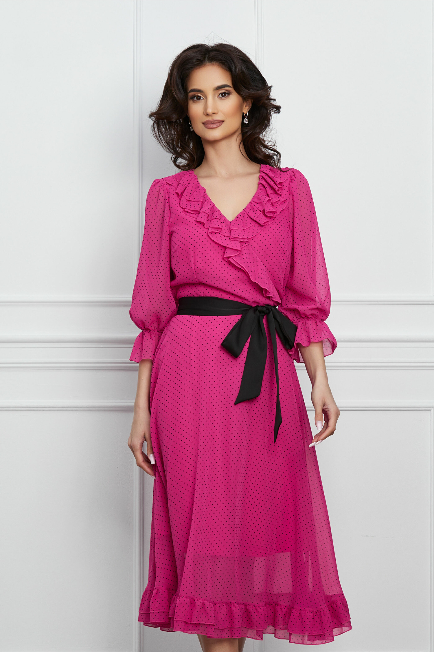 Rochie Felicia fuchsia cu buline negre