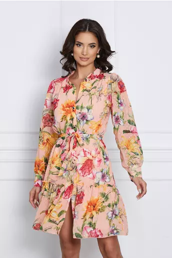 Rochie Fiona roz somon cu flori si cordon in talie