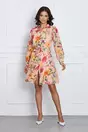 Rochie Fiona roz somon cu flori si cordon in talie