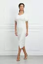 Rochie Flavia alba din neopren cu franjuri din strasuri la maneci